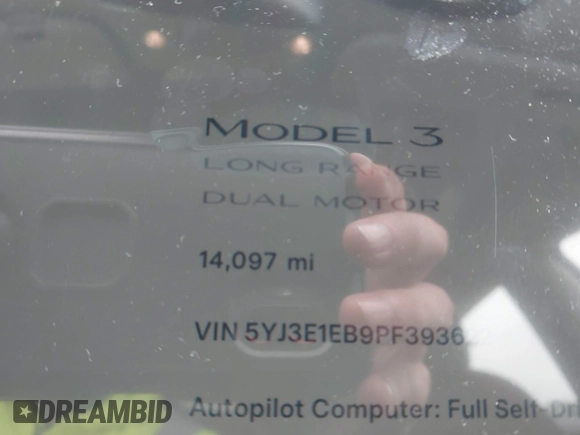 2023 Tesla Model 3 Long Range with VIN 5YJ3E1EB9PF393622, listed as a IAAI auction lot 41207132 with 14,097 mi miles and . Bid and sale history available at DreamBid. Image 15.