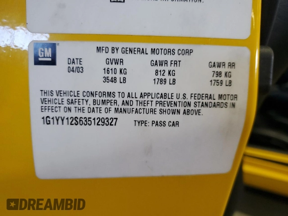 2003 Chevrolet Corvette Z06 with VIN 1G1YY12S635129327, listed as a Copart auction lot 51208995 with 34,626 mi miles and Clean Title. Bid and sale history available at carsss.com. Image 12.