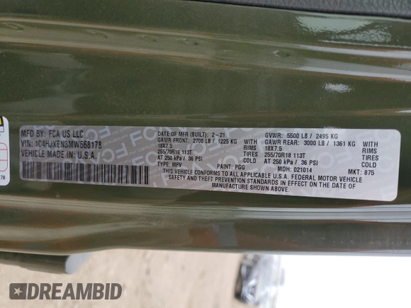 2021 Jeep Wrangler Unlimited Sahara Altitude с VIN 1C4HJXEN3MW668178, выставлен на аукционе Copart как лот 53570985 с пробегом Не указан миль и Списание • Salvage title. История ставок и продаж доступна на DreamBid. Изображение 13.