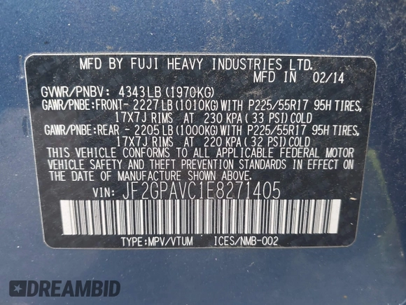 2014 Subaru Crosstrek Premium with VIN JF2GPAVC1E8271405, listed as a IAAI auction lot 42746162 with 159,055 mi miles and . Bid and sale history available at DreamBid. Image 9.