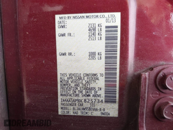 2013 Nissan Maxima SV with VIN 1N4AA5AP9DC825734, listed as a IAAI auction lot 42375819 with 164,735 mi miles and . Bid and sale history available at DreamBid. Image 9.
