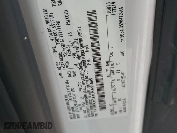 2020 Ford Transit Cargo with VIN 1FTBR1C84LKA51595, listed as a Copart auction lot 62990925 with 50,209 mi miles and Clean title. Bid and sale history available at DreamBid. Image 13.