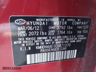 2012 Hyundai Elantra GLS with VIN KMHDH4AE1CU471370, listed as a IAAI auction lot 41759655 with 57,535 mi miles. Bid and sale history available at carsss.com. Image 9.