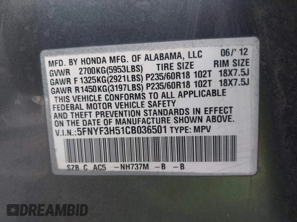 2012 Honda Pilot EX-L with VIN 5FNYF3H51CB036501, listed as a IAAI auction lot 41703208 with 223,984 mi miles. Bid and sale history available at carsss.com. Image 9.