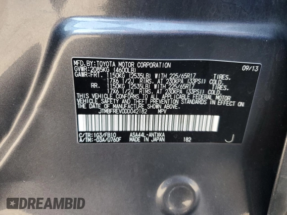 2013 Toyota RAV4 LE with VIN JTMBFREV0DD042182, listed as a Copart auction lot 60904055 with 113,387 mi miles and Salvage title. Bid and sale history available at DreamBid. Image 12.