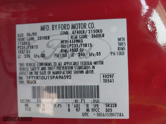2005 Ford Ranger XL with VIN 1FTYR10U15PA96592, listed as a IAAI auction lot 41369442 with 153,181 mi miles. Bid and sale history available at carsss.com. Image 9.
