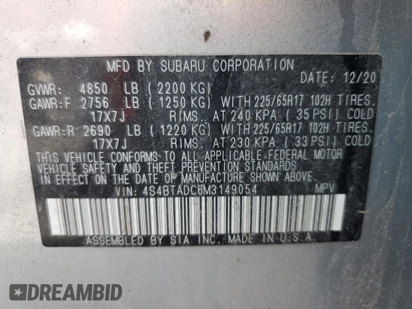 2021 Subaru Outback Premium with VIN 4S4BTADC6M3149054, listed as a Copart auction lot 63062415 with 40,093 mi miles and Salvage title. Bid and sale history available at DreamBid. Image 13.