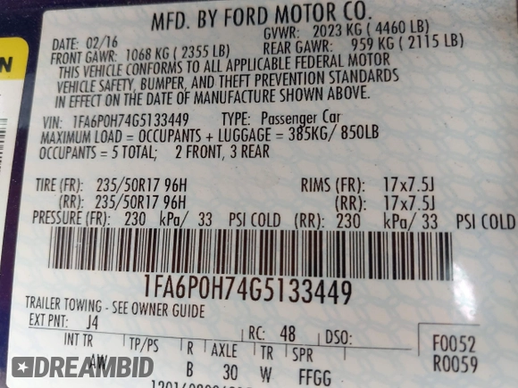 2016 Ford Fusion SE with VIN 1FA6P0H74G5133449, listed as a IAAI auction lot 42344586 with 144,449 mi miles and . Bid and sale history available at DreamBid. Image 9.