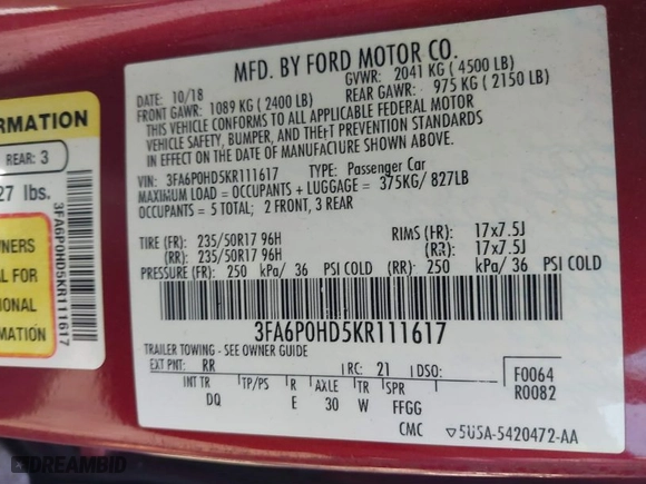 2019 Ford Fusion SE with VIN 3FA6P0HD5KR111617, listed as a IAAI auction lot 41559547 with 98,135 mi miles. Bid and sale history available at carsss.com. Image 9.