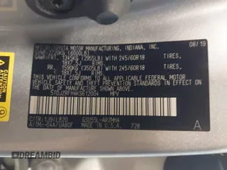 2019 Toyota Highlander SE with VIN 5TDJZRFH4KS612004, listed as a IAAI auction lot 42294935 with 47,603 mi miles and . Bid and sale history available at DreamBid. Image 9.