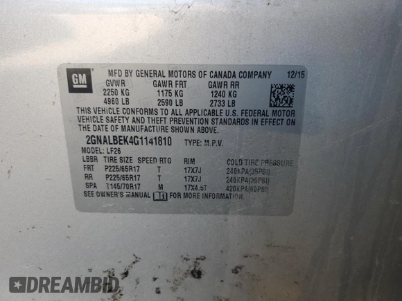 2016 Chevrolet Equinox LS with VIN 2GNALBEK4G1141810, listed as a Copart auction lot 88444225 with 125,288 mi miles and Salvage Title. Bid and sale history available at carsss.com. Image 15.