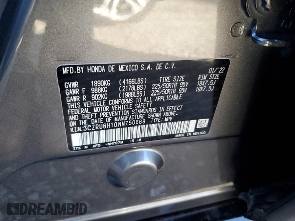2022 Honda HR-V Sport with VIN 3CZRU6H10NM750668, listed as a Copart auction lot 48776095 with 29,058 mi miles and Salvage Title. Bid and sale history available at carsss.com. Image 13.