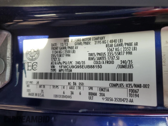 2014 Ford Escape SE z VIN 1FMCU9G95EUB88150, wystawiony jako Copart lot #52570095 z przebiegiem 143 129 mil mil oraz Szkoda całkowita • Salvage title. Historia ofert i sprzedaży dostępna na DreamBid. Obrazek 14.