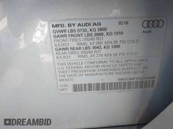 2018 Audi SQ5 Prestige z VIN WA1C4AFY5J2134488, wystawiony jako IAAI lot #41430184 z przebiegiem 82 332 mil mil oraz . Historia ofert i sprzedaży dostępna na DreamBid. Obrazek 9.