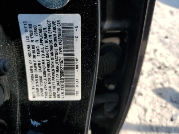 2013 Honda Civic Sdn LX with VIN 19XFB2F50DE211571, listed as a Copart auction lot 52723105 with 0 mi miles and Salvage Title. Bid and sale history available at carsss.com. Image 12.