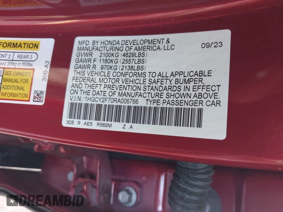 2024 Honda Accord Sport-L with VIN 1HGCY2F70RA006766, listed as a IAAI auction lot 42245622 with 28,788 mi miles and . Bid and sale history available at DreamBid. Image 9.