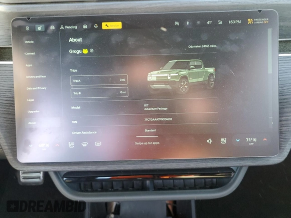 2023 Rivian R1T Adventure with VIN 7FCTGAAA7PN024633, listed as a Copart auction lot 41481365 with 24,965 mi miles and Salvage Title. Bid and sale history available at carsss.com. Image 9.