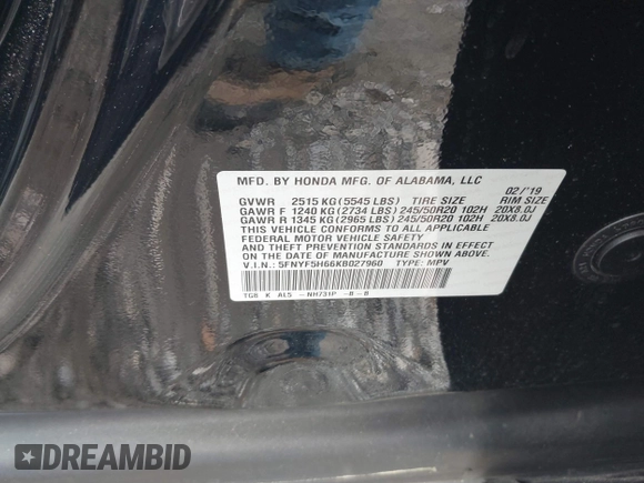 2019 Honda Pilot Touring 7-Passenger z VIN 5FNYF5H66KB027960, wystawiony jako IAAI lot #41863212 z przebiegiem 114 615 mil mil oraz . Historia ofert i sprzedaży dostępna na DreamBid. Obrazek 9.
