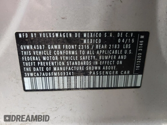 2015 Volkswagen Golf SportWagen TDI SE with VIN 3VWCA7AU6FM509341, listed as a Copart auction lot 43225544 with 181,215 mi miles. Bid and sale history available at carsss.com. Image 12.