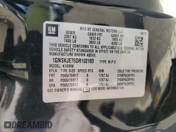 2013 Chevrolet Suburban LT with VIN 1GNSKJE76DR102183, listed as a Copart auction lot 56272494 with 122,679 mi miles and Non Repairable. Bid and sale history available at carsss.com. Image 12.