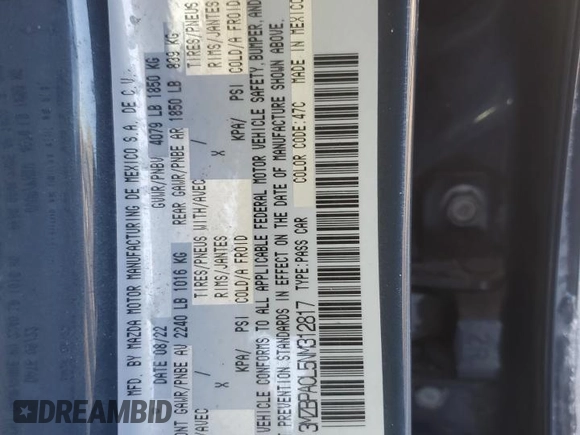 2022 Mazda 3 Carbon Edition z VIN 3MZBPACL5NM312817, wystawiony jako Copart lot #45314185 z przebiegiem 37 279 mil mil oraz Szkoda całkowita • Salvage title. Historia ofert i sprzedaży dostępna na DreamBid. Obrazek 12.