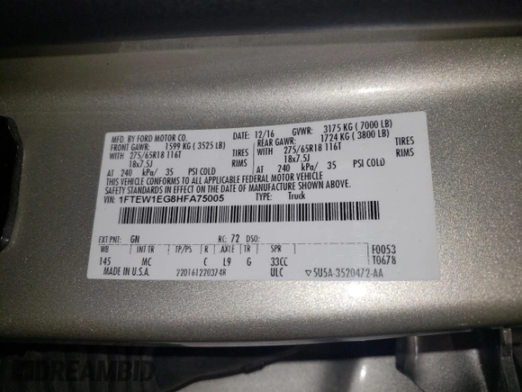 2017 Ford F-150 XL with VIN 1FTEW1EG8HFA75005, listed as a Copart auction lot 62964905 with 76,751 mi miles and Salvage title. Bid and sale history available at DreamBid. Image 12.