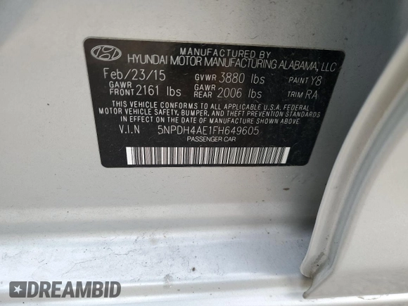 2015 Hyundai Elantra SE с VIN 5NPDH4AE1FH649605, выставлен на аукционе Copart как лот 53119385 с пробегом Не указан миль и Списание • Salvage title. История ставок и продаж доступна на DreamBid. Изображение 12.