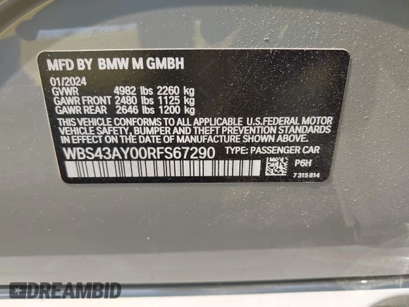 2024 BMW M3 Competition xDrive with VIN WBS43AY00RFS67290, listed as a IAAI auction lot 42329346 with 10,792 mi miles and . Bid and sale history available at DreamBid. Image 9.