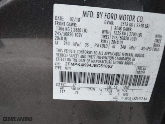 2018 Ford Edge Titanium with VIN 2FMPK4K94JBC51062, listed as a IAAI auction lot 41542533 with 76,652 mi miles. Bid and sale history available at carsss.com. Image 9.