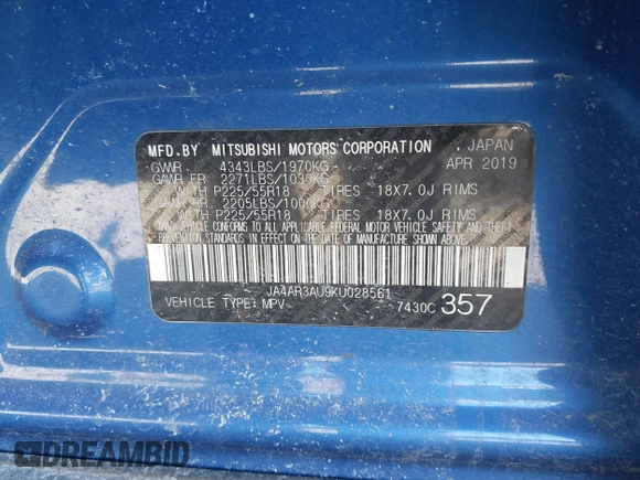 2019 Mitsubishi Outlander Sport ES 2.0 with VIN JA4AR3AU9KU028561, listed as a IAAI auction lot 41890996 with 122,409 mi miles. Bid and sale history available at carsss.com. Image 9.