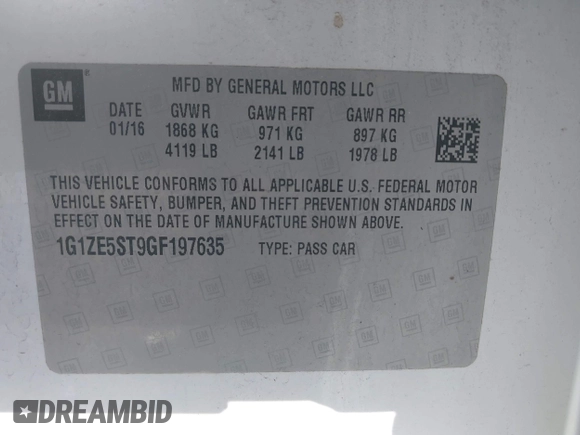 2016 Chevrolet Malibu LT with VIN 1G1ZE5ST9GF197635, listed as a IAAI auction lot 42015581 with 96,285 mi miles and . Bid and sale history available at DreamBid. Image 9.