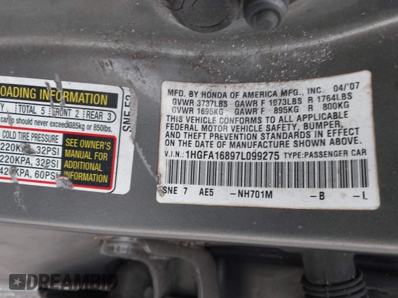 2007 Honda Civic EX with VIN 1HGFA16897L099275, listed as a IAAI auction lot 41308888 with Not Provided miles and . Bid and sale history available at DreamBid. Image 9.