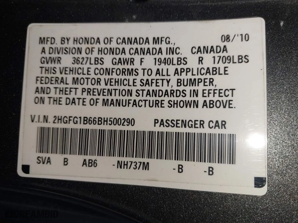 2011 Honda Civic Cpe LX with VIN 2HGFG1B66BH500290, listed as a IAAI auction lot 41978022 with 178,360 mi miles. Bid and sale history available at carsss.com. Image 9.