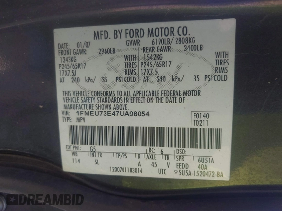 2007 Ford Explorer XLT с VIN 1FMEU73E47UA98054, выставлен на аукционе IAAI как лот 42794852 с пробегом 130 632 миль миль и . История ставок и продаж доступна на DreamBid. Изображение 9.