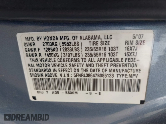 2007 Honda Odyssey EX-L with VIN 5FNRL38647B085123, listed as a IAAI auction lot 42154519 with 168,587 mi miles and . Bid and sale history available at carsss.com. Image 9.
