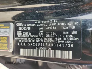 2017 Kia Optima EX with VIN 5XXGU4L33HG141736, listed as a Copart auction lot 63155955 with 195,554 mi miles and Clean title. Bid and sale history available at DreamBid. Image 12.