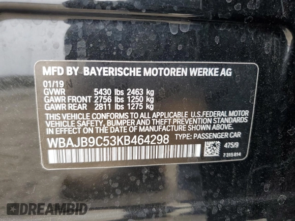 2019 BMW 5 Series M550i xDrive with VIN WBAJB9C53KB464298, listed as a Copart auction lot 59892105 with Not provided miles and Salvage title. Bid and sale history available at DreamBid. Image 12.