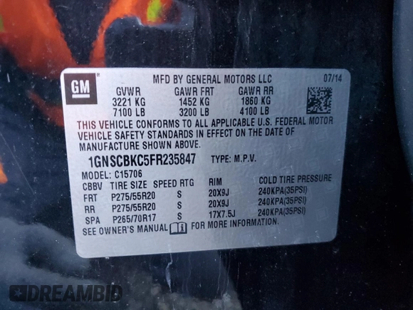 2015 Chevrolet Tahoe LT with VIN 1GNSCBKC5FR235847, listed as a Copart auction lot 46338145 with 149,039 mi miles and Salvage Title. Bid and sale history available at DreamBid. Image 13.