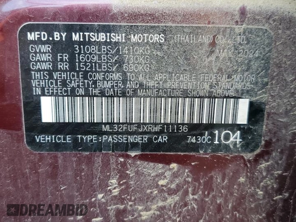 2024 Mitsubishi Mirage ES with VIN ML32FUFJXRHF11136, listed as a Copart auction lot 62685655 with 11,207 mi miles and Salvage title. Bid and sale history available at DreamBid. Image 13.