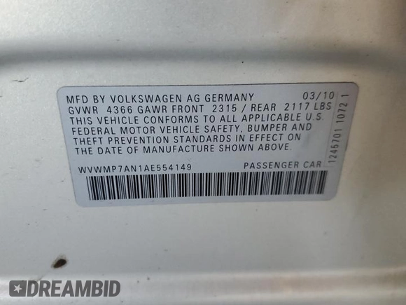 2010 Volkswagen CC Sport with VIN WVWMP7AN1AE554149, listed as a Copart auction lot 78883054 with 124,319 mi miles and Salvage Title. Bid and sale history available at DreamBid. Image 12.