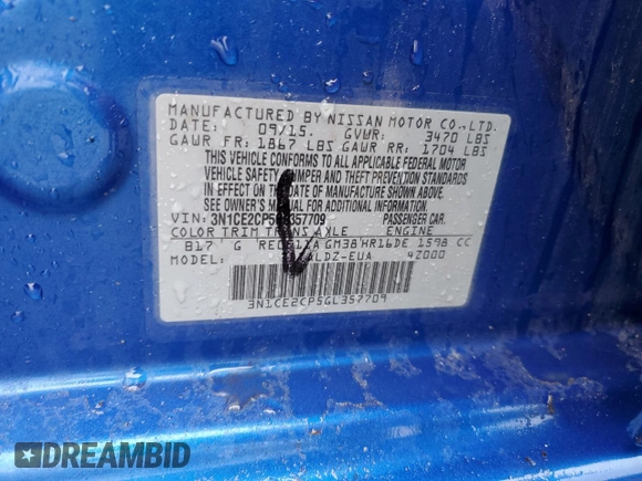 2016 Nissan Note SV with VIN 3N1CE2CP5GL357709, listed as a Copart auction lot 51536145 with 73,177 mi miles and Salvage Title. Bid and sale history available at DreamBid. Image 14.