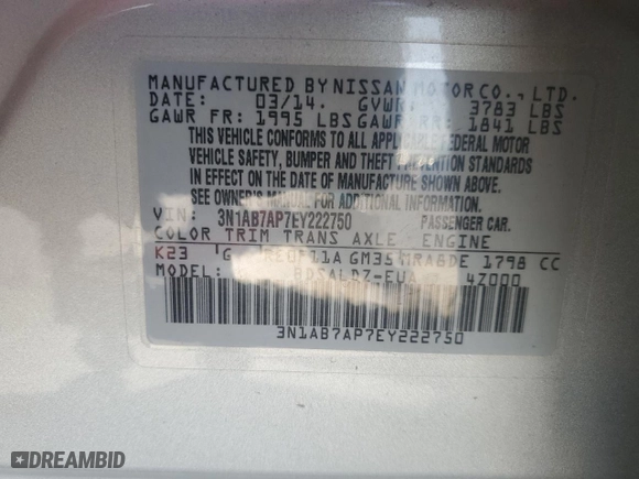 2014 Nissan Sentra S with VIN 3N1AB7AP7EY222750, listed as a Copart auction lot 49736455 with 126,273 mi miles and Salvage Title. Bid and sale history available at carsss.com. Image 12.