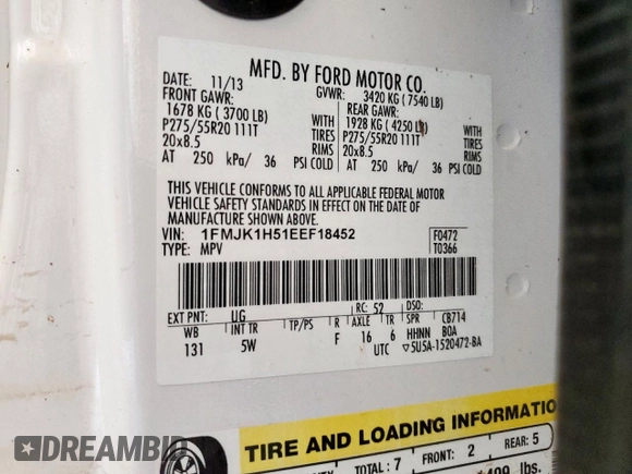 2014 Ford Expedition Max XLT with VIN 1FMJK1H51EEF18452, listed as a Copart auction lot 63928415 with Not provided miles and Salvage title. Bid and sale history available at DreamBid. Image 13.