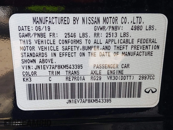 2019 Infiniti Q50 Luxe with VIN JN1EV7AP8KM543395, listed as a IAAI auction lot 42418112 with 43,382 mi miles and . Bid and sale history available at DreamBid. Image 9.