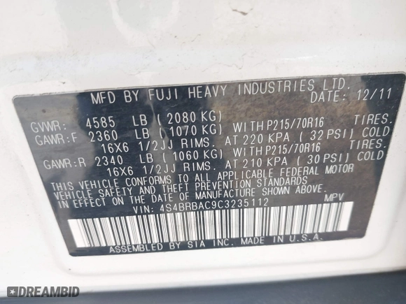 2012 Subaru Outback 2.5i with VIN 4S4BRBAC9C3235112, listed as a IAAI auction lot 41925029 with 142,229 mi miles. Bid and sale history available at carsss.com. Image 9.