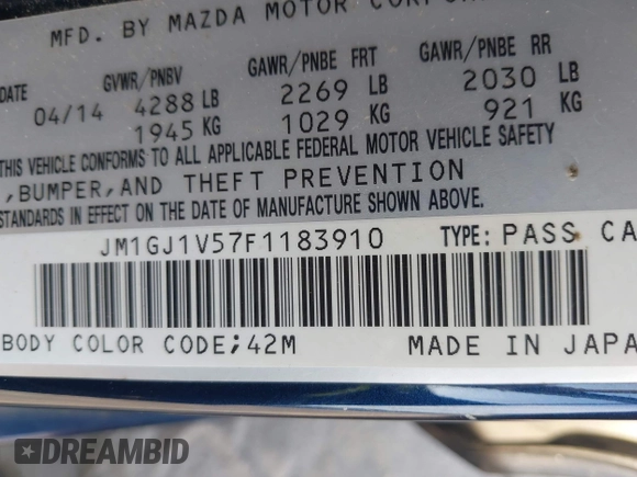 2015 Mazda 6 i Touring with VIN JM1GJ1V57F1183910, listed as a IAAI auction lot 42158716 with 234,765 mi miles. Bid and sale history available at carsss.com. Image 9.