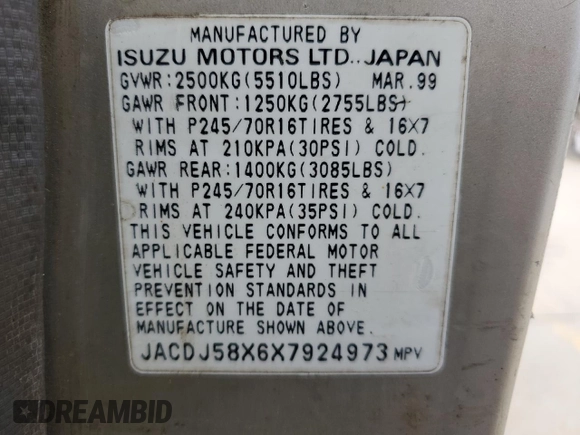 1999 Isuzu Trooper S with VIN JACDJ58X6X7924973, listed as a Copart auction lot 57881235 with 269,301 mi miles and Salvage title. Bid and sale history available at DreamBid. Image 12.