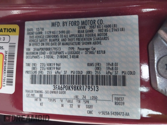 2019 Ford Fusion Titanium with VIN 3FA6P0K98KR179513, listed as a IAAI auction lot 41820059 with 112,155 mi miles. Bid and sale history available at carsss.com. Image 9.