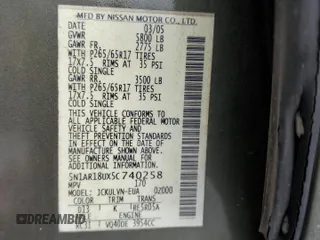 2005 Nissan Pathfinder LE z VIN 5N1AR18UX5C740258, wystawiony jako Copart lot #59152255 z przebiegiem 206 051 mil mil oraz Szkoda całkowita • Salvage title. Historia ofert i sprzedaży dostępna na DreamBid. Obrazek 13.