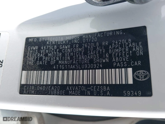2020 Toyota Camry SE with VIN 4T1G11AK5LU930924, listed as a IAAI auction lot 41821405 with 89,554 mi miles. Bid and sale history available at carsss.com. Image 9.